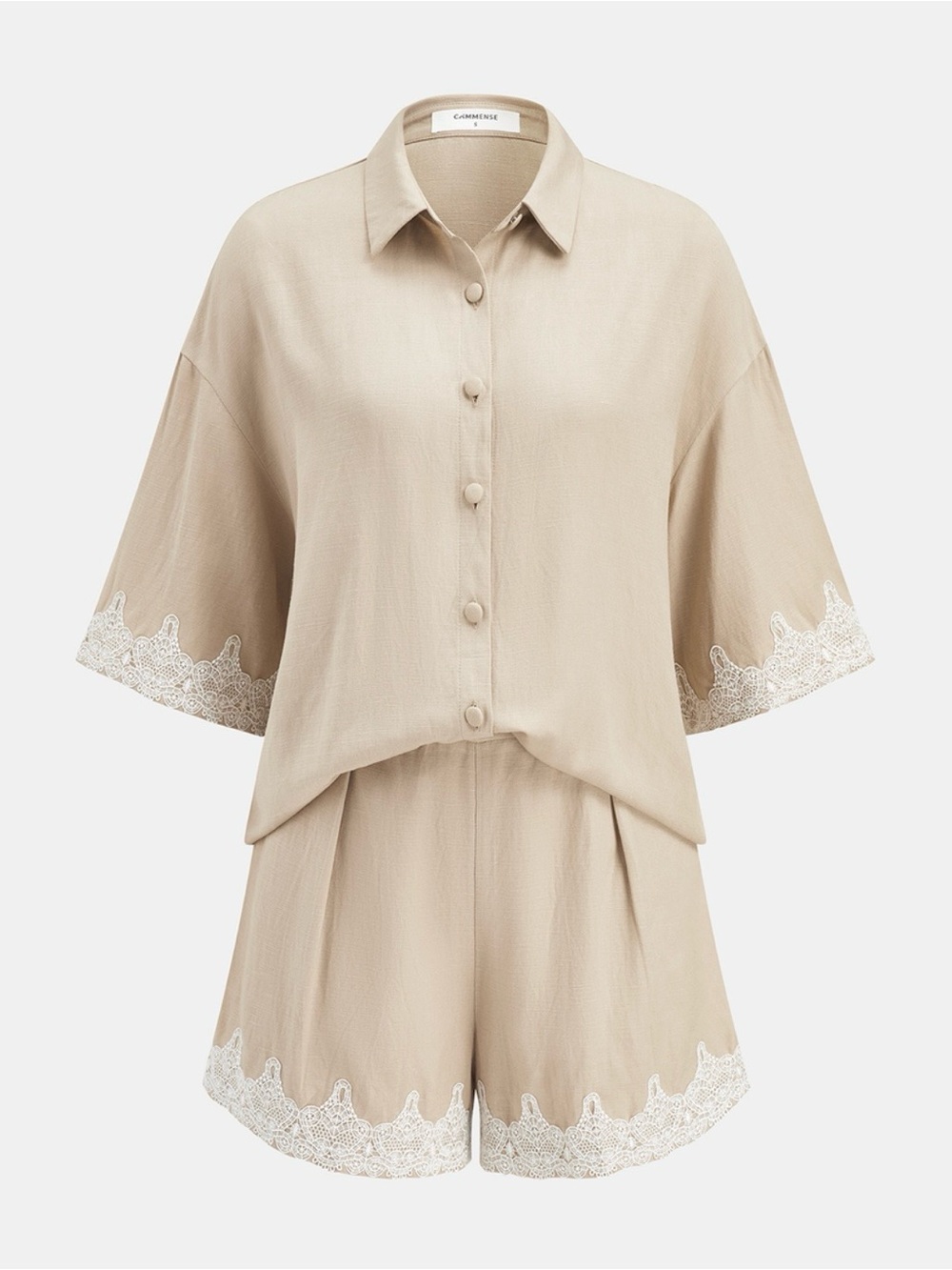 Commense Cream Lace-Trim Relaxed Button Shirt & Shorts Set
